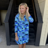 Blue Palm Trees Ruffled 3/4 Sleeve Top