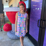 Colorful Mosaic Print with Sleeveless Ruffle Trim Bottom Dress