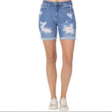 Judy Blue Hi Waisted Mid Length Distressed Shorts