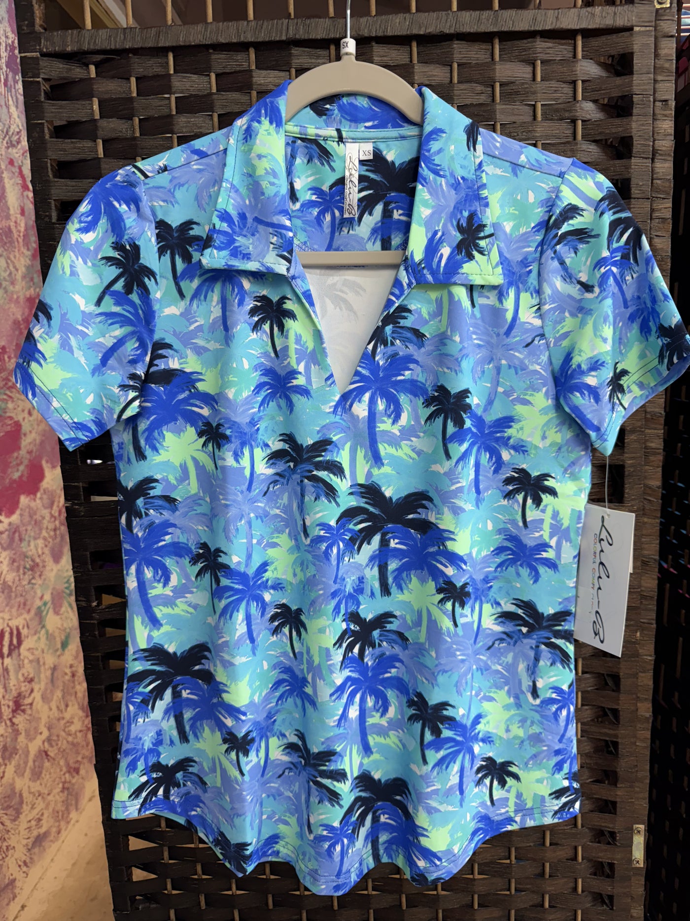 Palm Tree Blues Short Slv Collar Top
