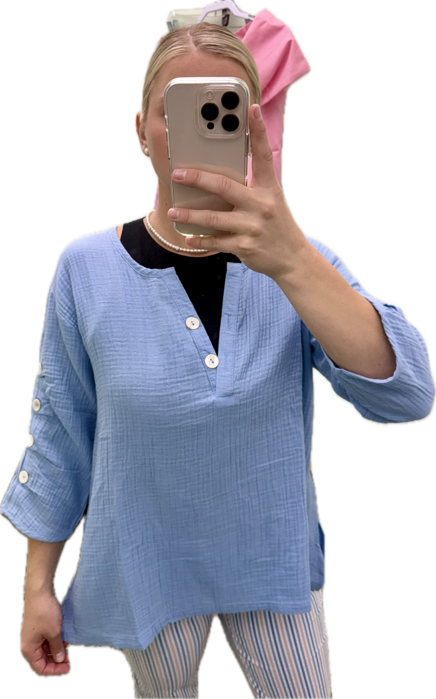Clear Blue Gauze Button 3/4 Slv