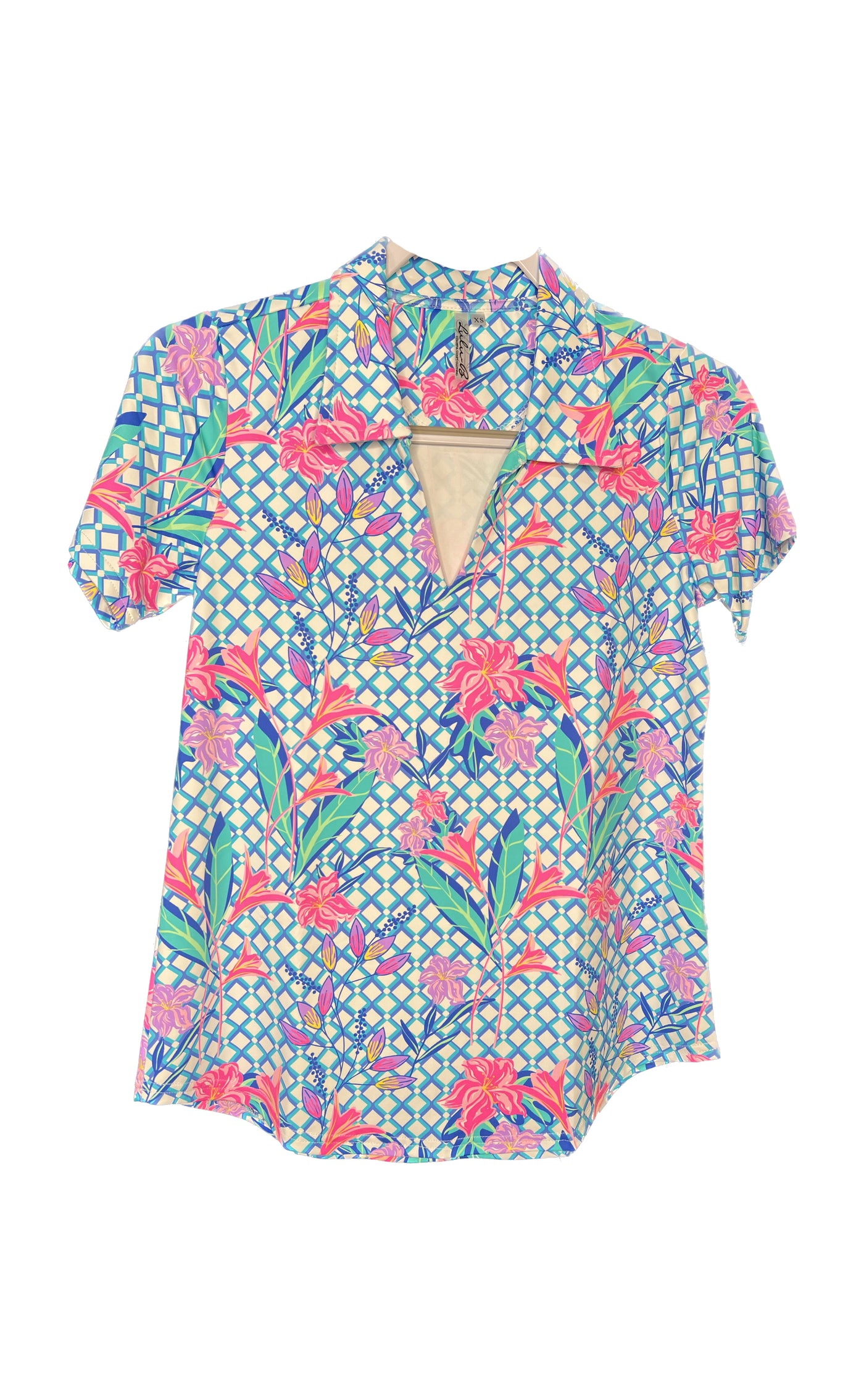 Turquoise Floral Short Sleeve Collar Top