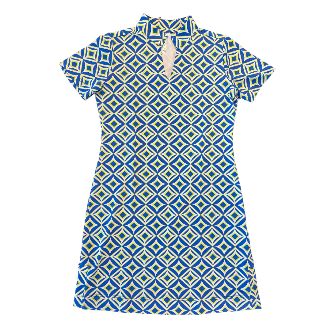 Blue and Lime Pattern Short Sleeve Dress
