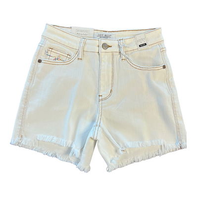 White Judy Blue denim shorts with rainbow stitching