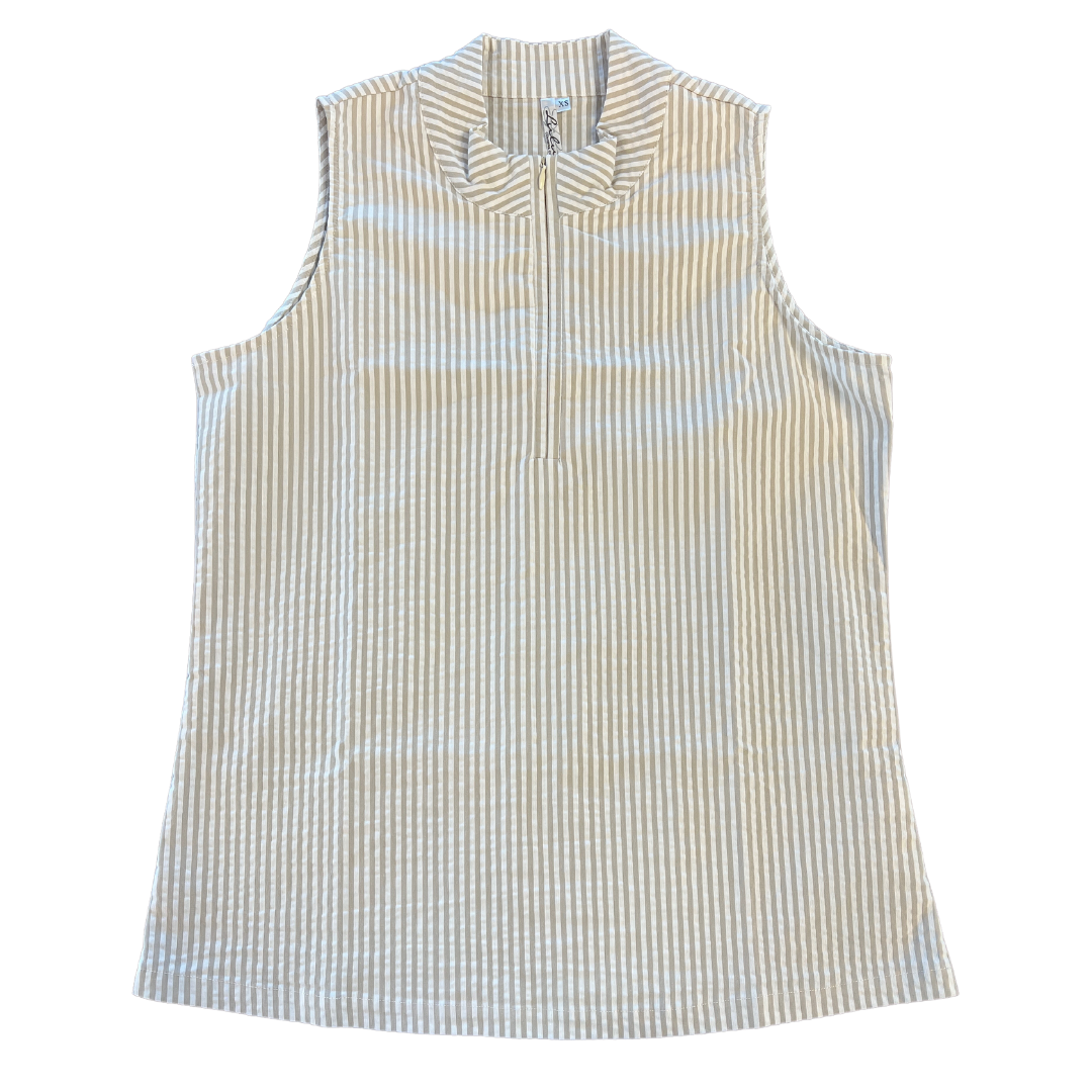 Beige Stripped Scallop zipper sleeveless blouse