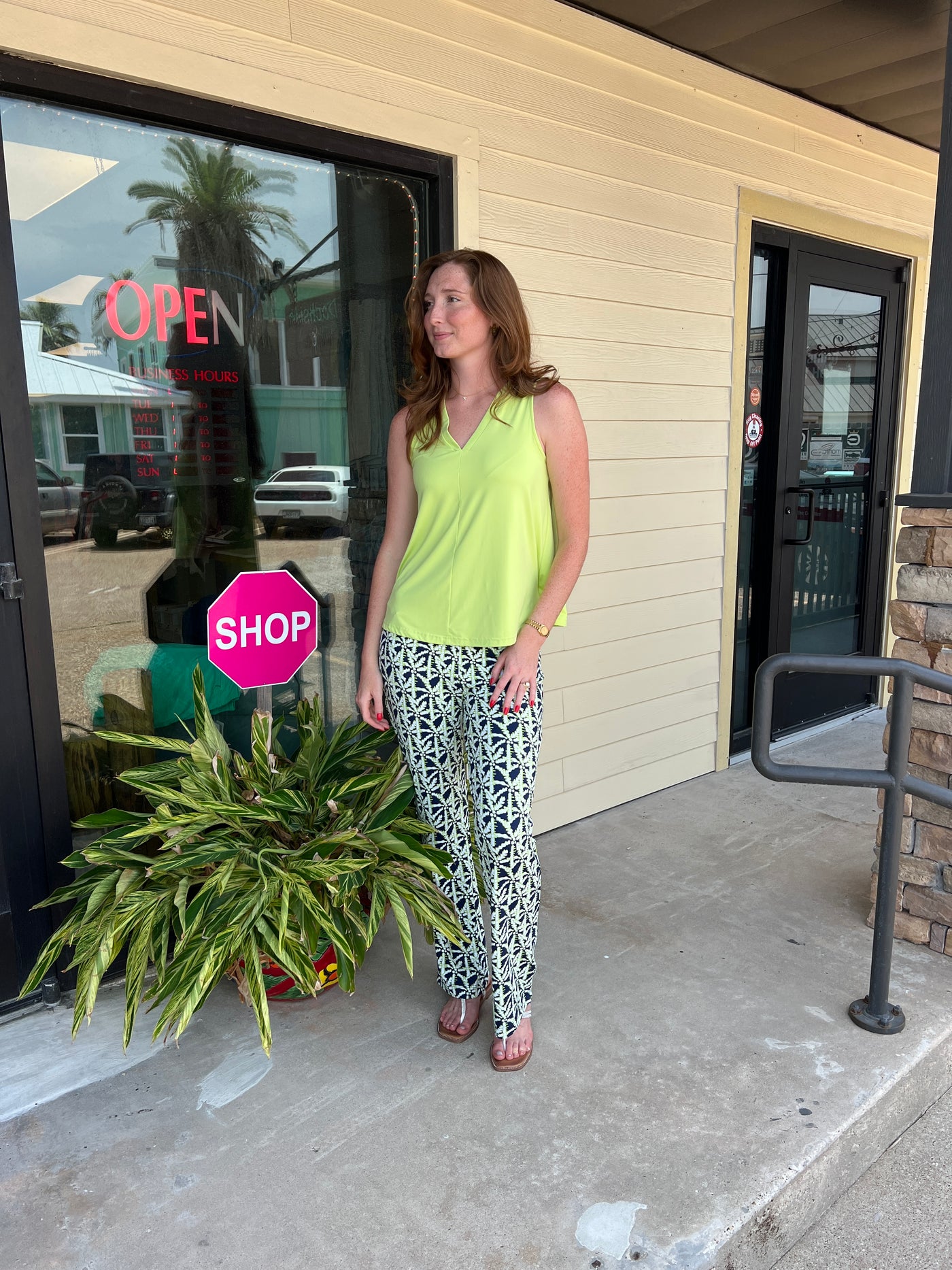 Navy and Lime Palm Tree Palazzo Pant