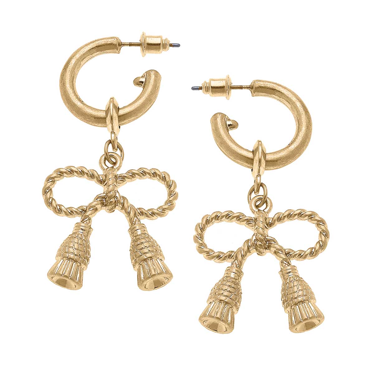 Daisy Bow Drop Hoop Earrings in Worn Gold