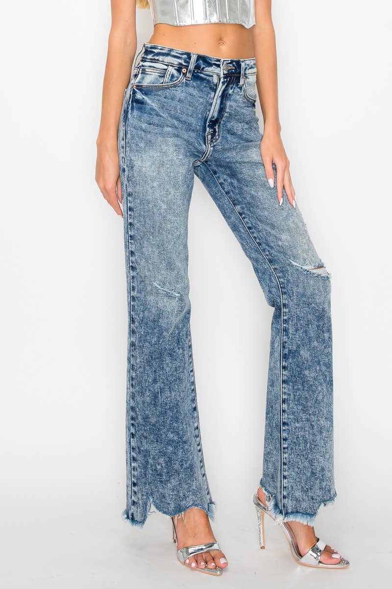 HIGH RISE STRETCH FLARE WITH DISTRESSED FRAYED HEM JEANS: 3(25)