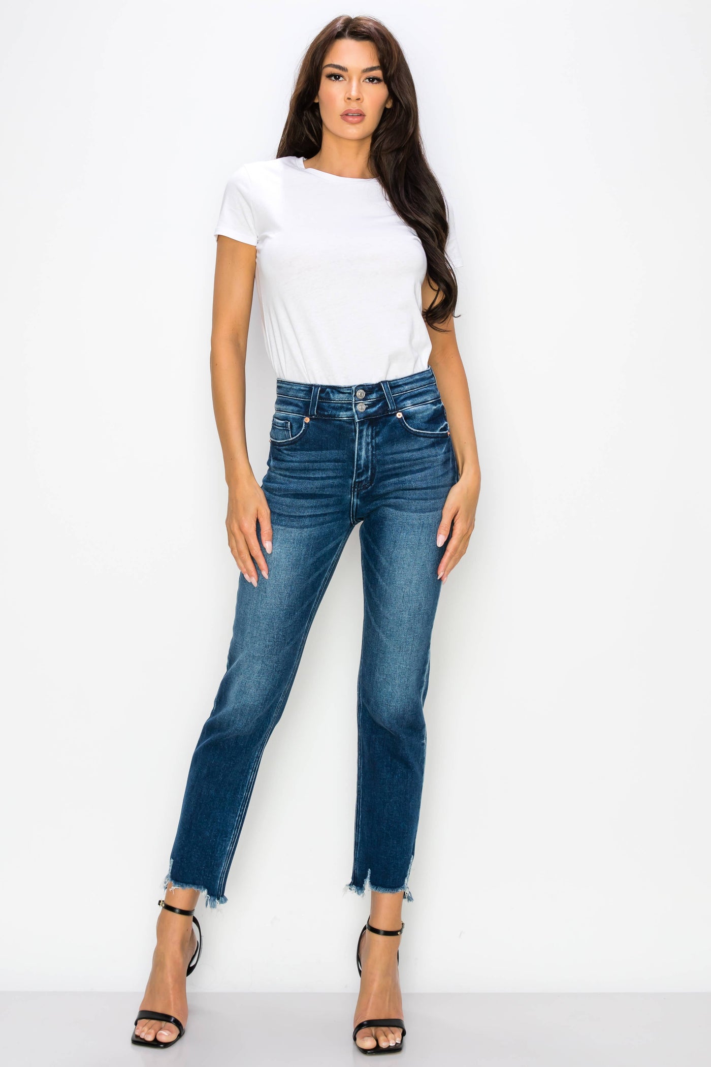 HIGH RISE DOUBLE WAIST BAND STRAIGHT RAW HEM JEANS: 13/30