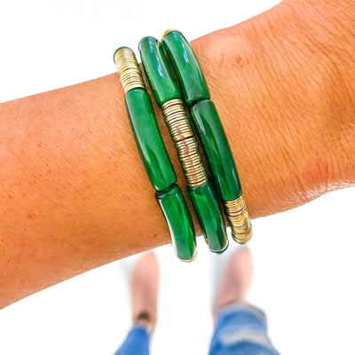 Green & White Marble Tube Bamboo Bracelet: Green Marble-Gold Discs