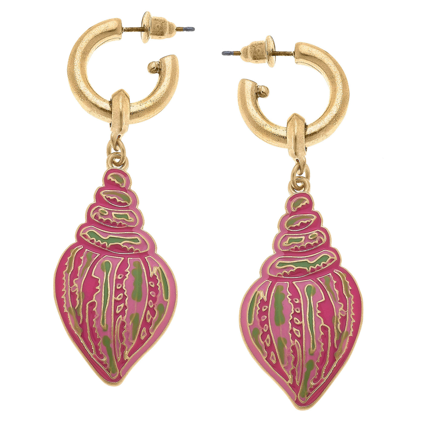 Seashell Enamel Drop Hoop Earrings in Pink