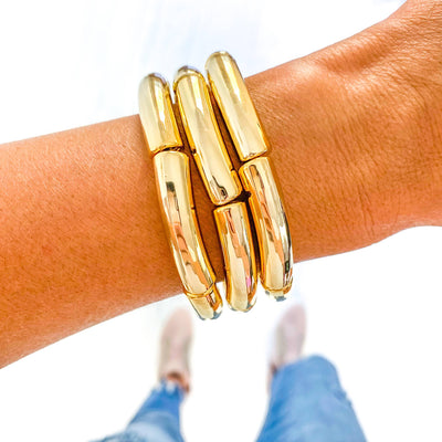 Green & White Marble Tube Bamboo Bracelet: Green Marble-Gold Discs