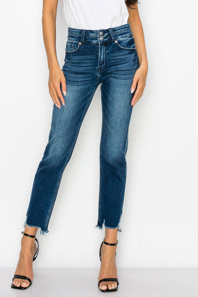 HIGH RISE DOUBLE WAIST BAND STRAIGHT RAW HEM JEANS: 13/30