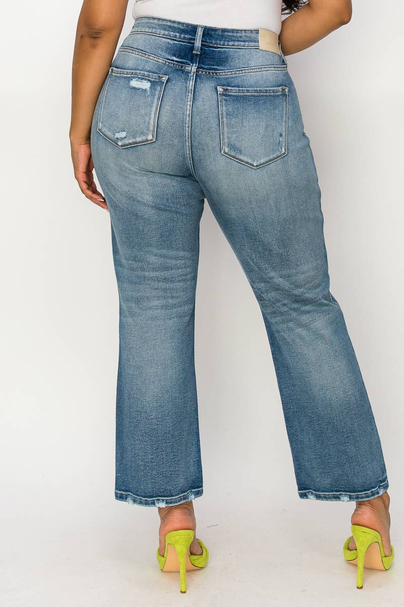 PLUS SIZE- HIGH RISE STRETCH DISTRESSED ANKLE STRAIGHT JEANS: 16