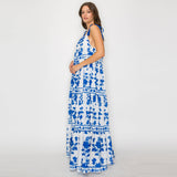 Blue Leaves Print Maxi Halter Dress