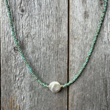 Turq Seed Beads w/Coin Pearl Necklace