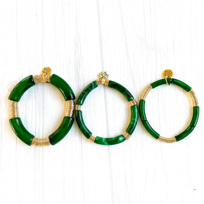 Green & White Marble Tube Bamboo Bracelet: Green Marble-Gold Discs