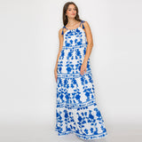 Blue Leaves Print Maxi Halter Dress