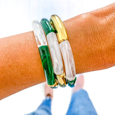 Green & White Marble Tube Bamboo Bracelet: Green Marble-Gold Discs