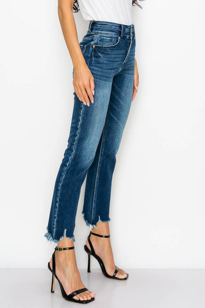 HIGH RISE DOUBLE WAIST BAND STRAIGHT RAW HEM JEANS: 13/30
