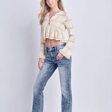 MID RISE STRETCH BOOTCUT W/ RELEASED FRAYED HEM & SLIT JEANS: 5/26