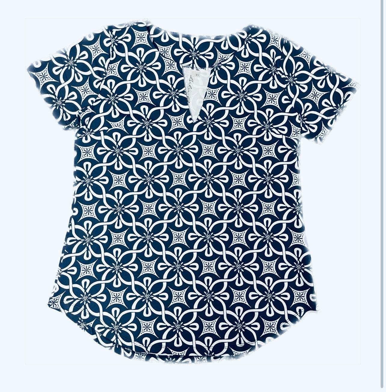 Navy and White Filigree Short Sleeve Keyhole Top