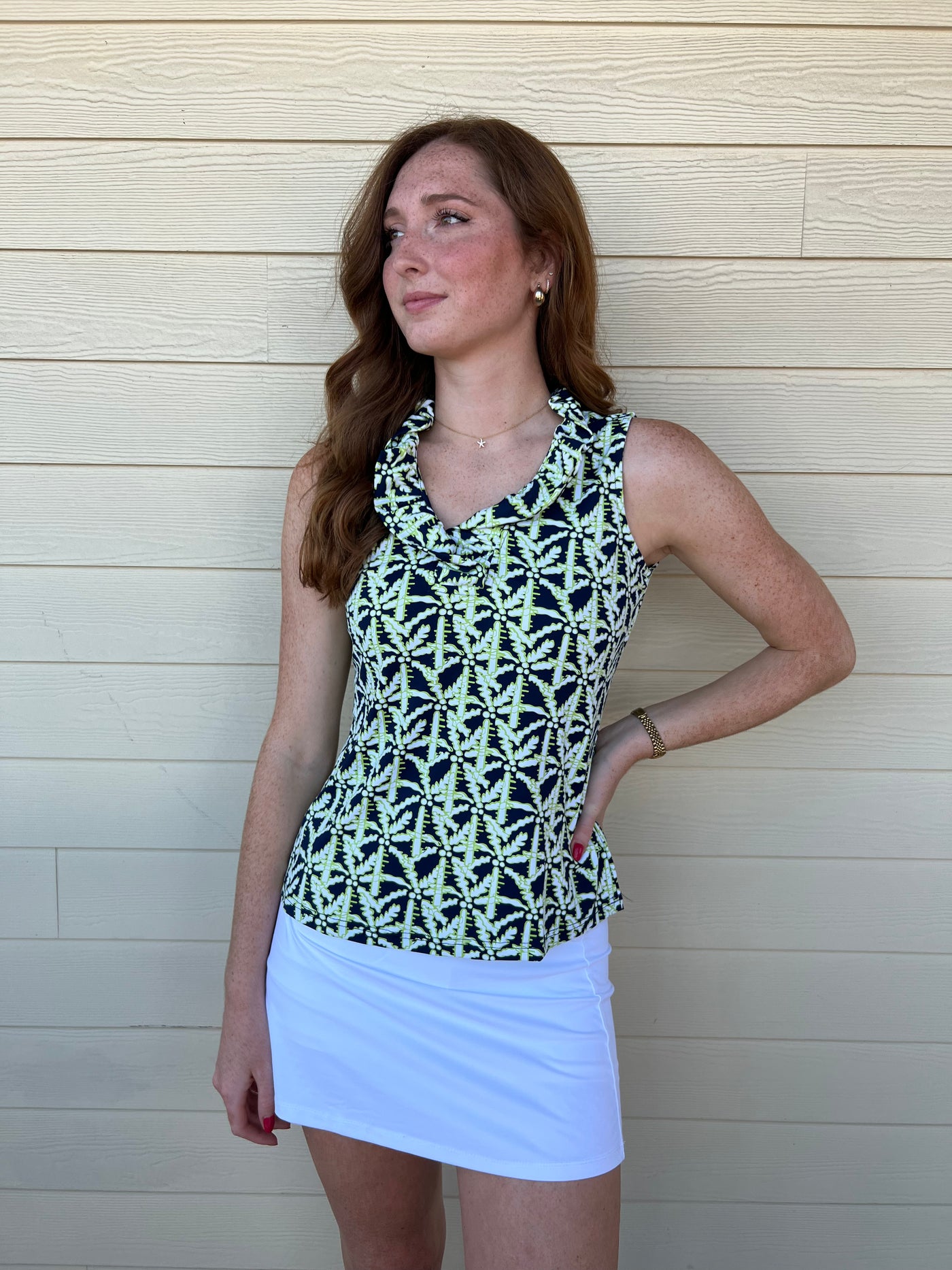 Neon Green and Navy Palm Tree V Neck Ruffled Top