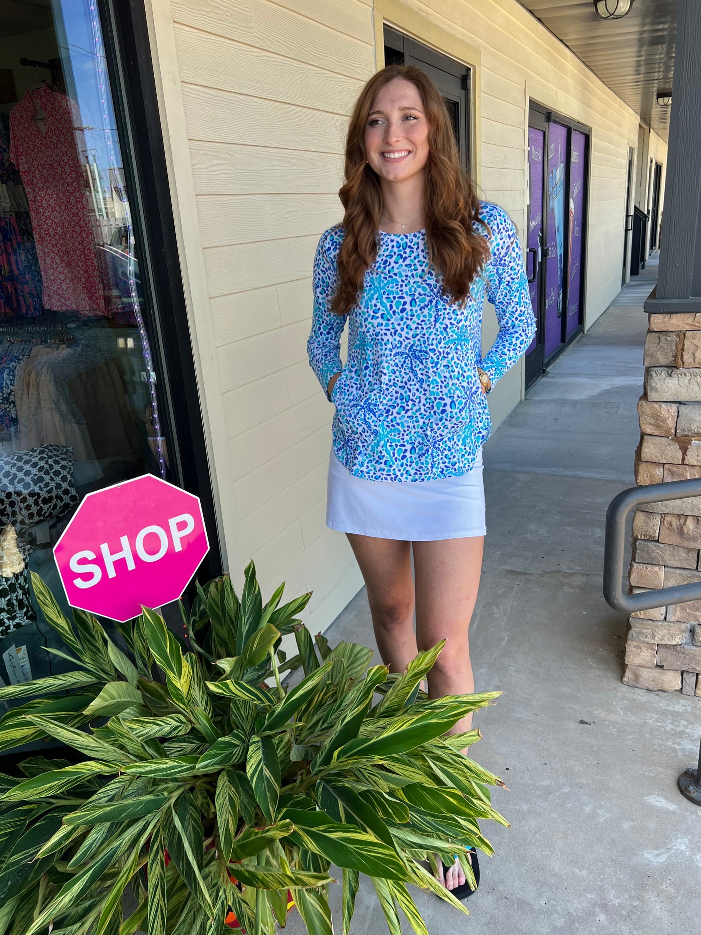 Blue Animal Print Scoop Neck 2 Pocket Top