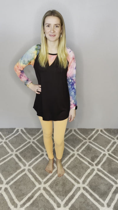 Black Top with Purple Tie Dye Down the Sleeves
