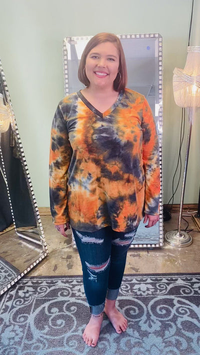 Black and Orange Tie Dye Long Sleeve V Neck