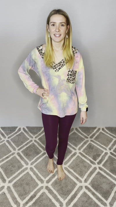 Pink Multi Color Top with Animal Print V Neck and Pocket