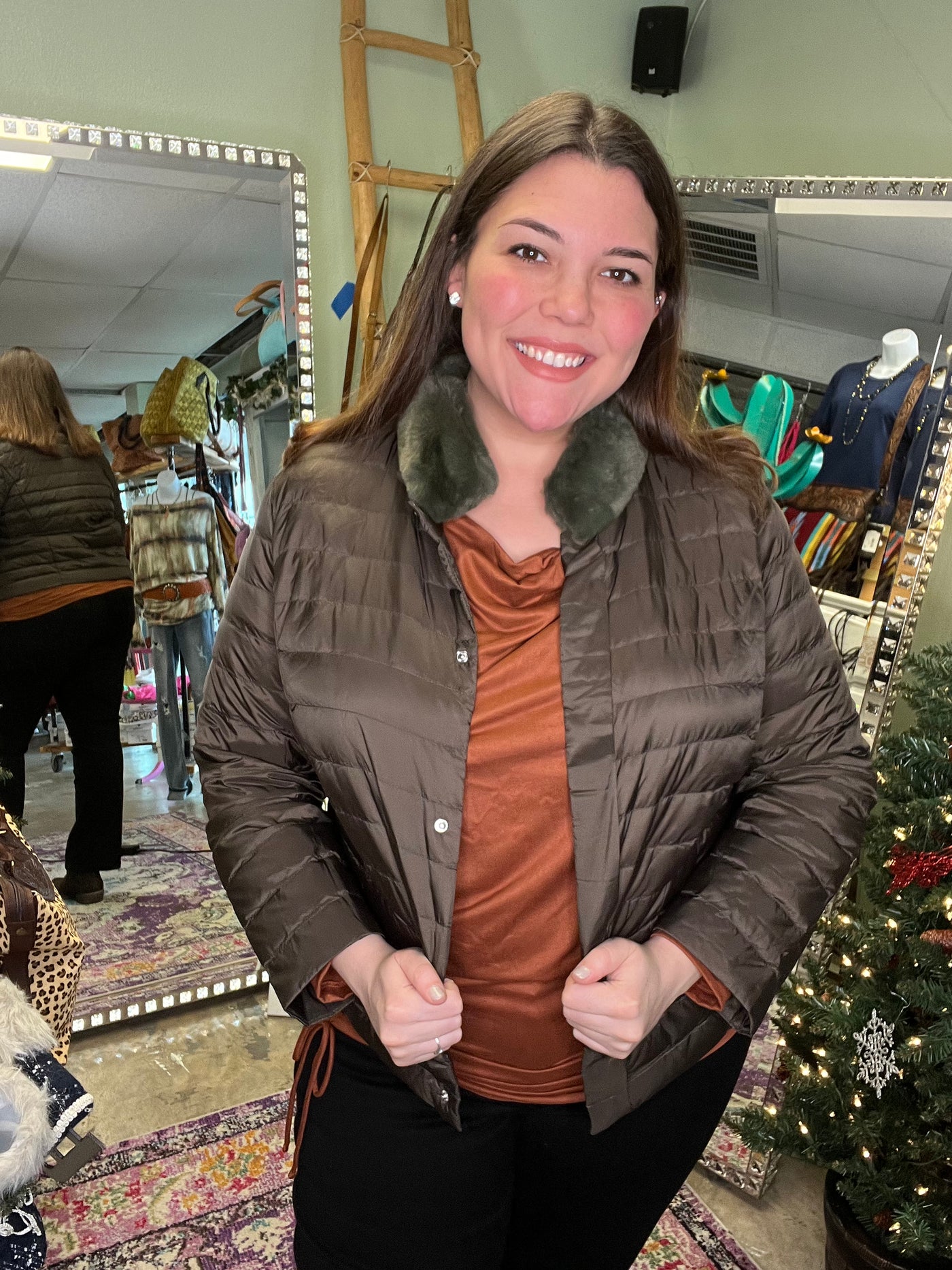 Olive 3/4 Length Sleeve Puffer Jacket