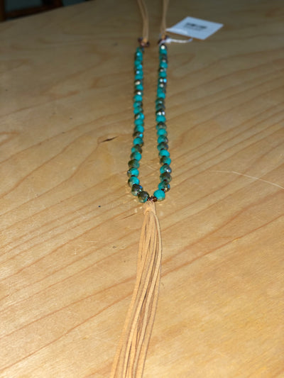 Crystal Beaded Leather Tassel Long Necklace