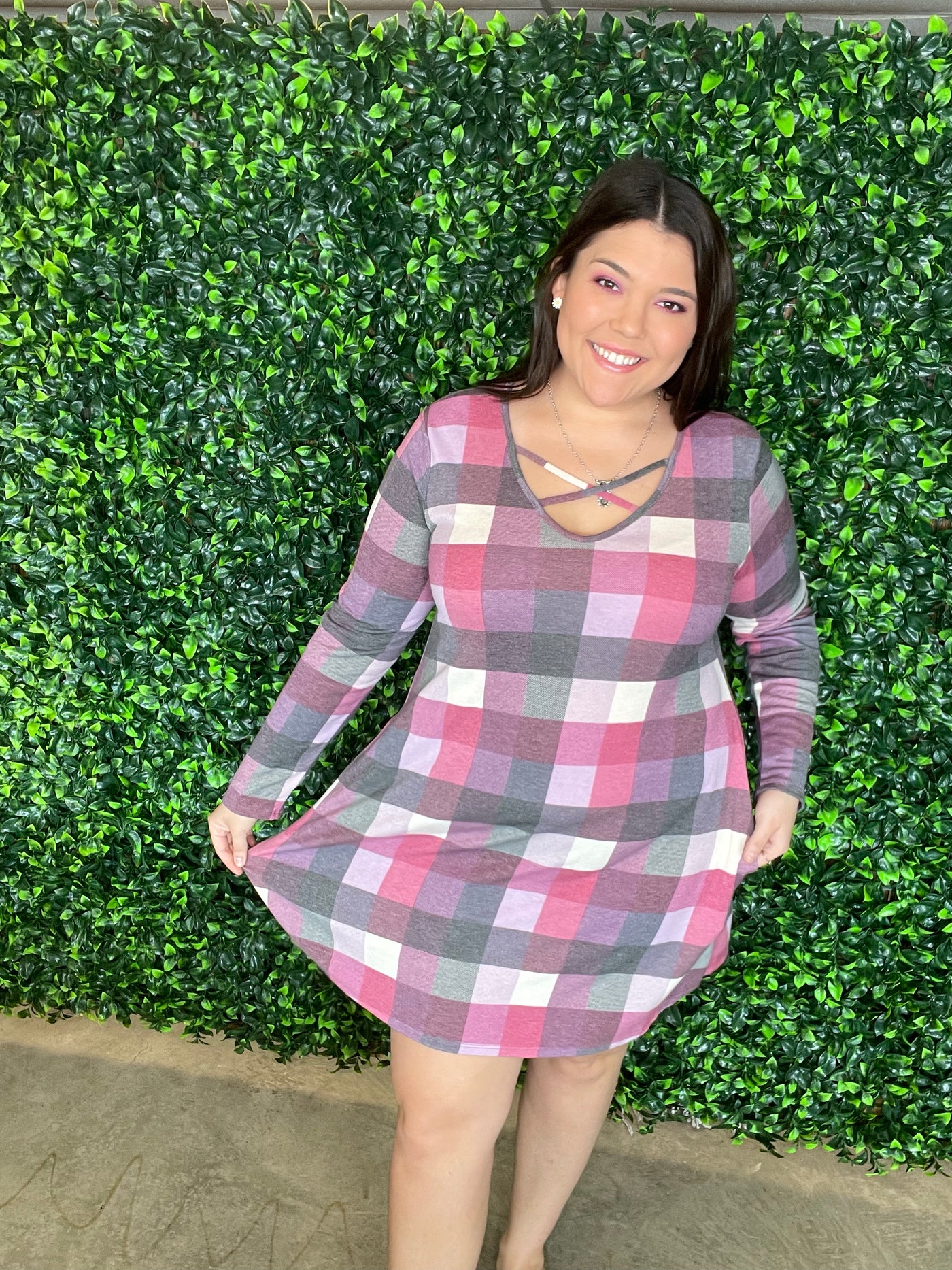 Fuschia Long Sleeve Plaid Dress