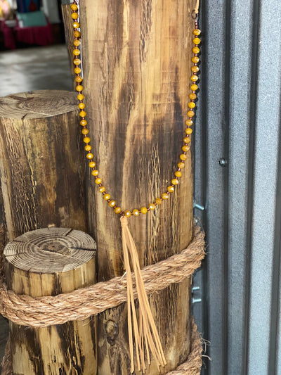 Crystal Beaded Leather Tassel Long Necklace