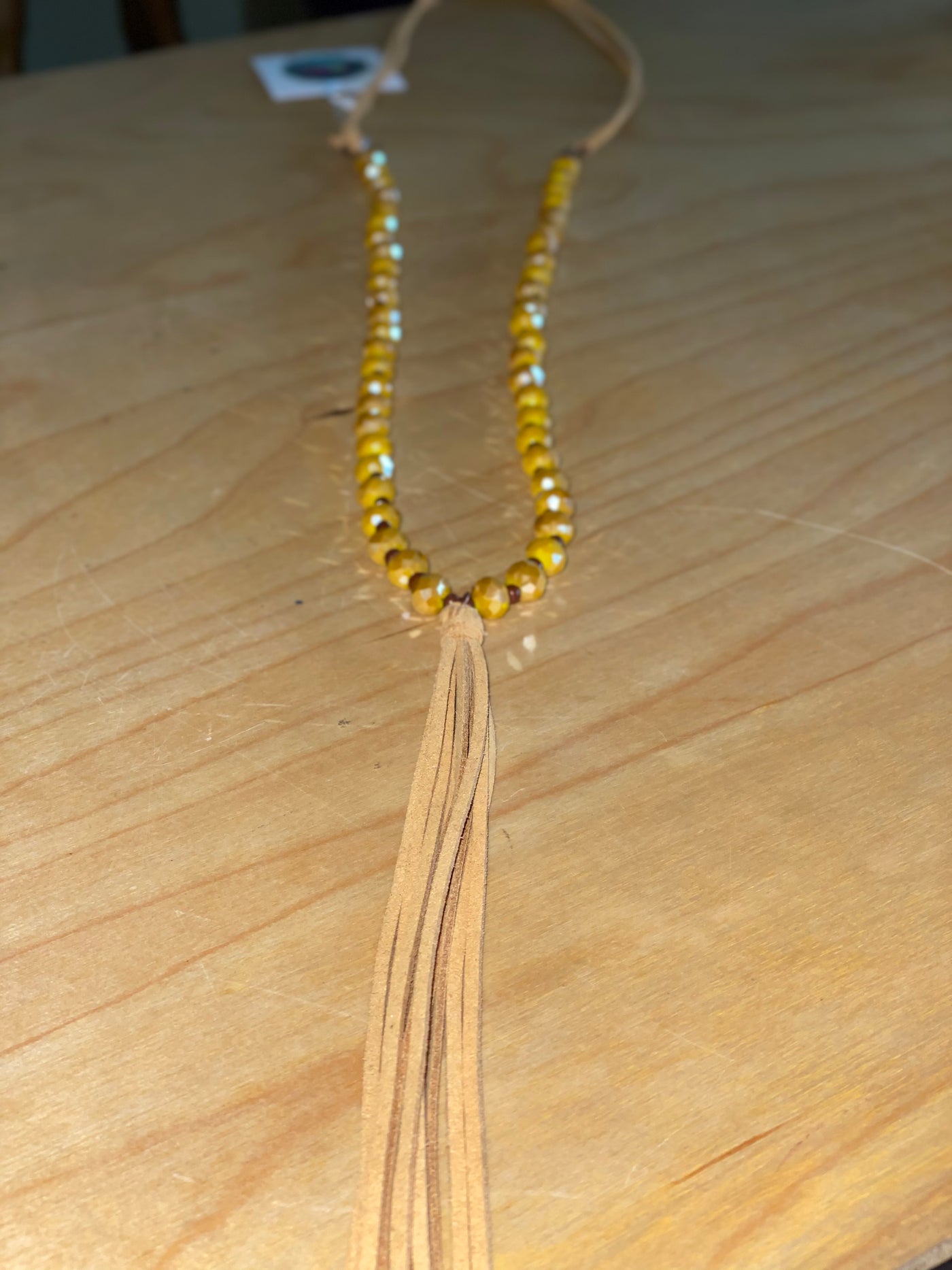 Crystal Beaded Leather Tassel Long Necklace