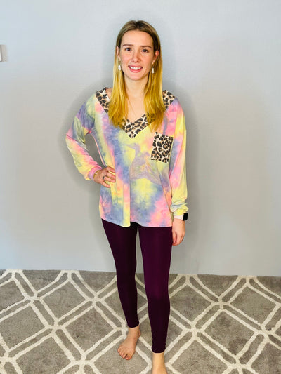 Pink Multi Color Top with Animal Print V Neck and Pocket