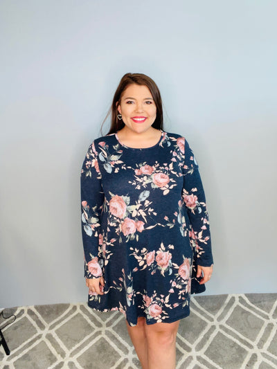 Navy Long Sleeve Floral Dress