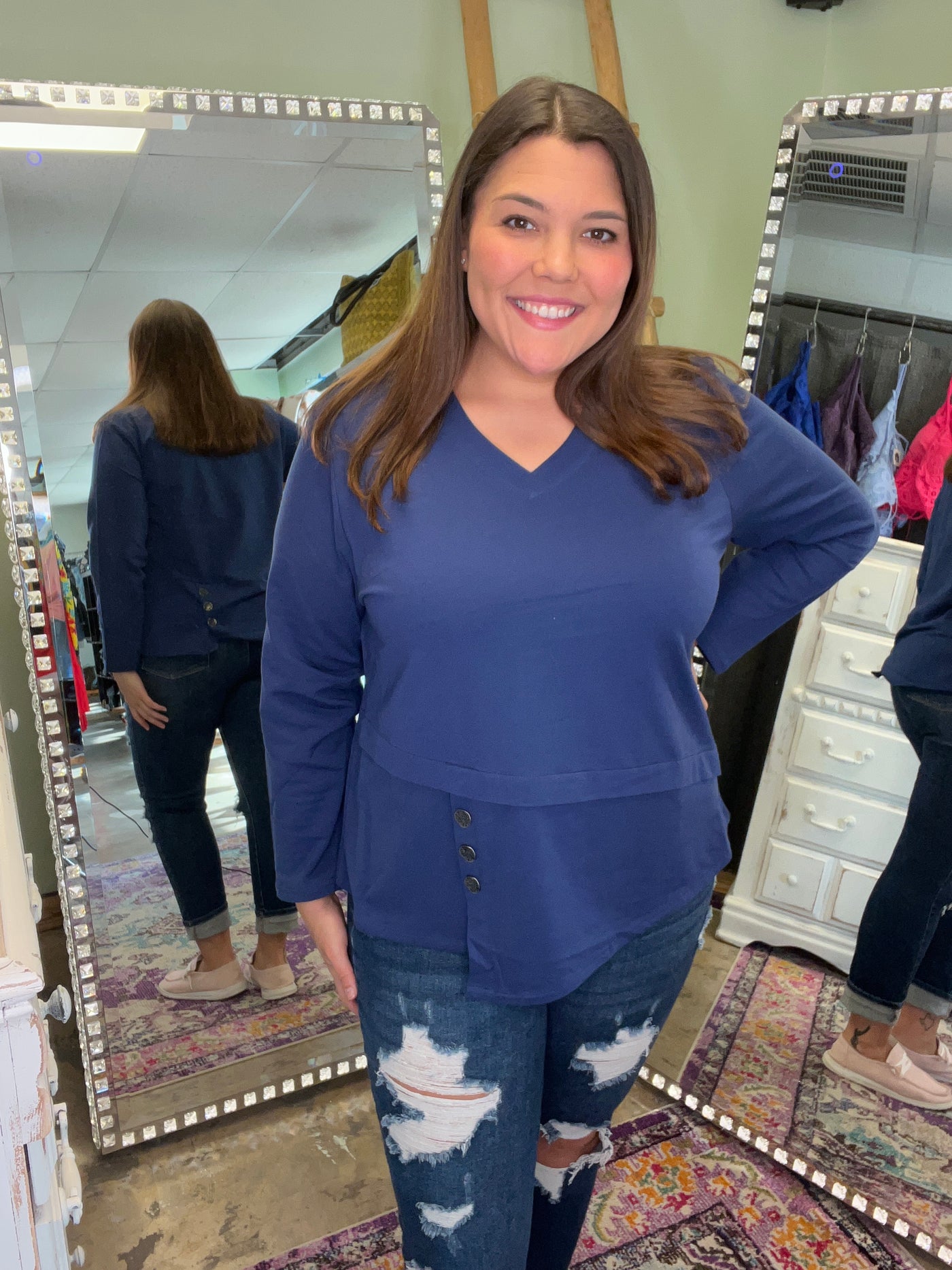 New Blue Angled Top w/Button Detail