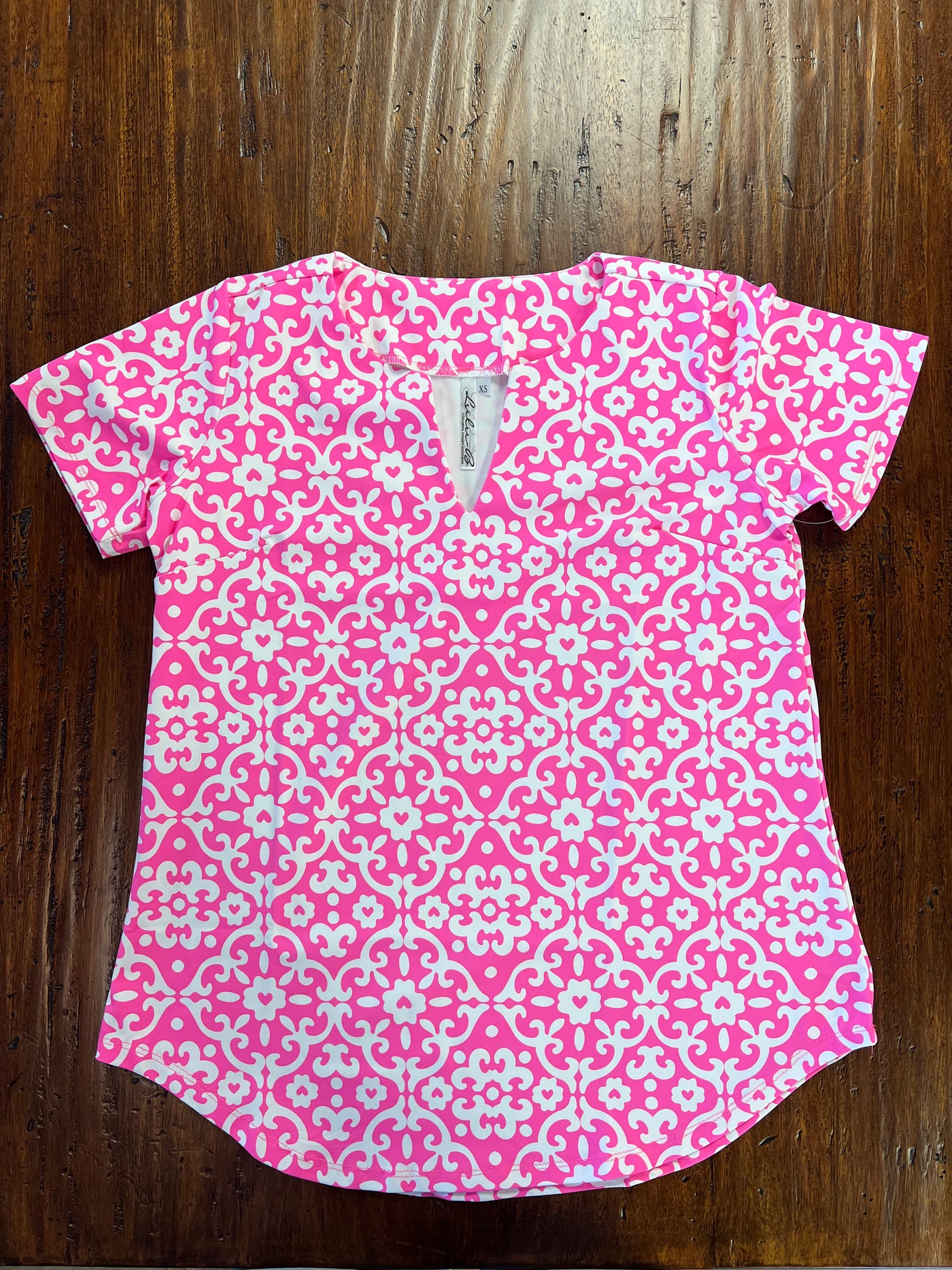 Pink and White Pattern Keyhole Short Sleeve Top