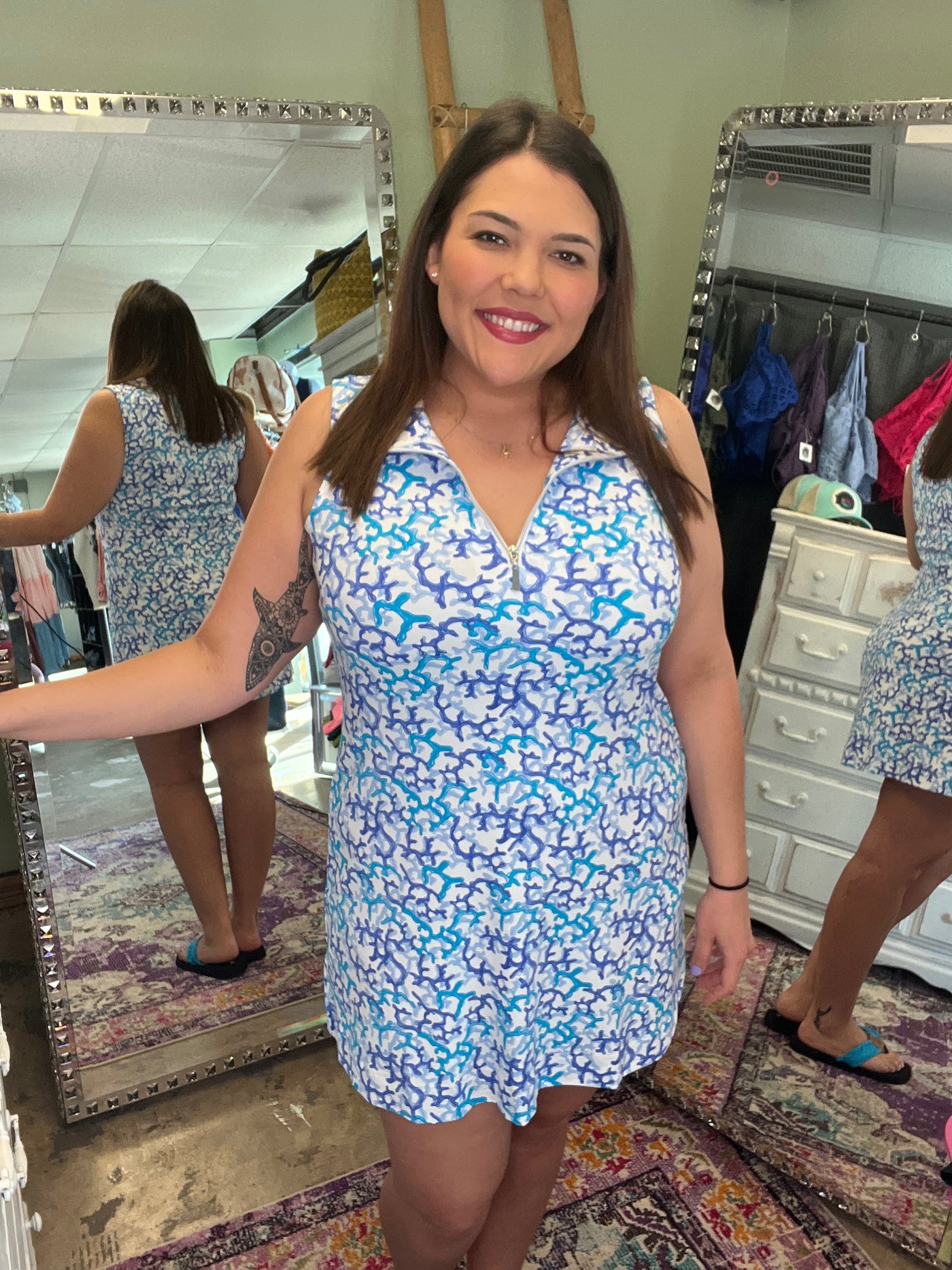 White and Blue Filigree Swing Dress