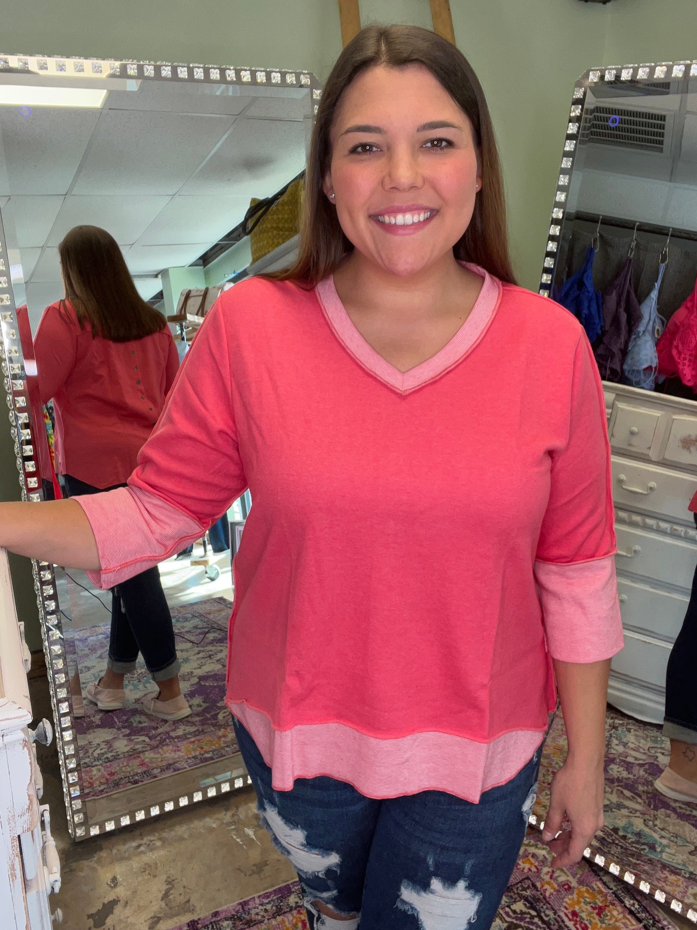 New Coral V-Neck Button Back