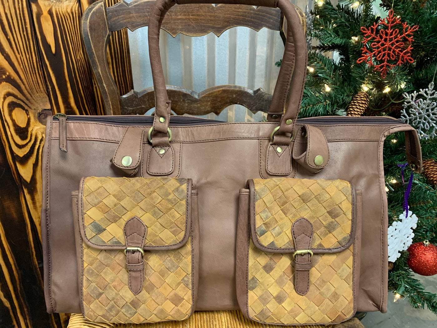 American Darling Leather Overnight Bag w/ Woven Leather Pockets