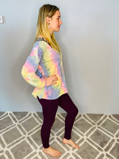 Pink Multi Color Top with Animal Print V Neck and Pocket