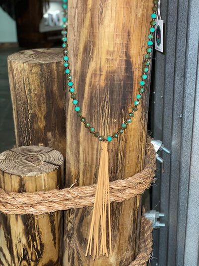 Crystal Beaded Leather Tassel Long Necklace