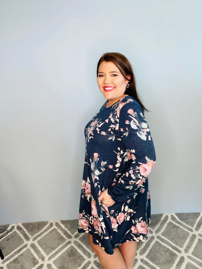 Navy Long Sleeve Floral Dress