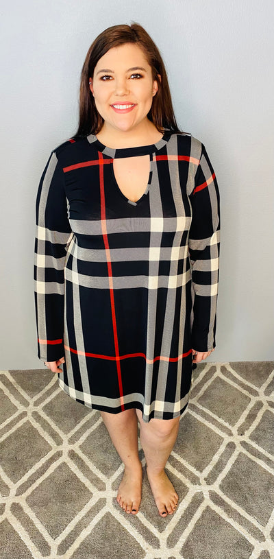 Black Plaid Long Sleeve Dress with VNeck