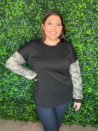 Black Top with Camo Long Sleeves