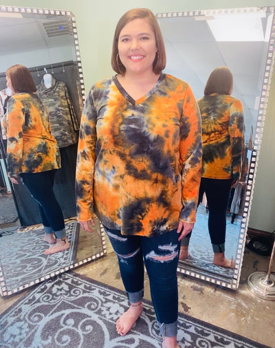 Black and Orange Tie Dye Long Sleeve V Neck