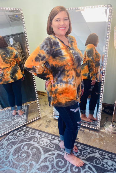 Black and Orange Tie Dye Long Sleeve V Neck